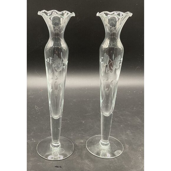 Vintage Princess House Etched Heritage Floral Pair of Bud Vases 10"H No Flaws - Picture 3 of 5